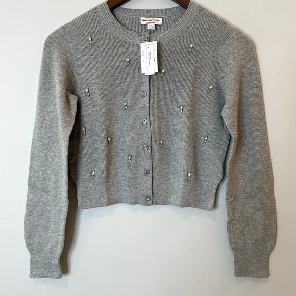 J.Crew Collection Embellished Cardigan Sweater Cotton Holiday CD379 Grey 12 13 - Picture 1 of 14